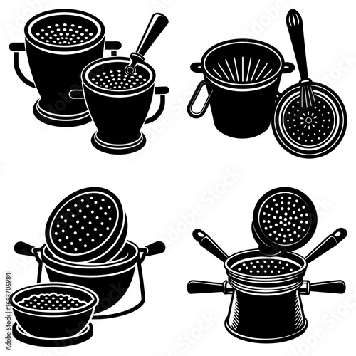 Various kitchen strainers and colanders in black and white line art illustrations showing different styles