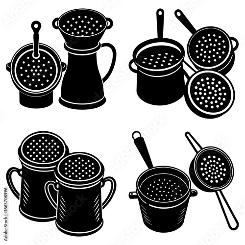 Various black and white kitchen colanders and strainers in different shapes and configurations shown together