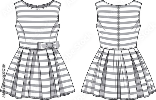 CAD drawing, flat sketch, striped dress, sleeveless design, vector illustration, bow belt, pleated skirt, fashion technical drawing, sewing template, apparel mockup, kidswear pattern