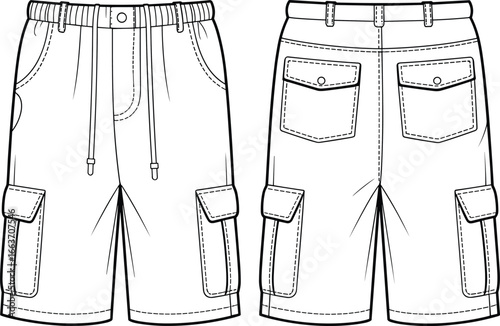 CAD drawing, flat vector illustration of cargo shorts, apparel template, fashion sketch, technical clothing design, detailed pockets, drawstring waist new