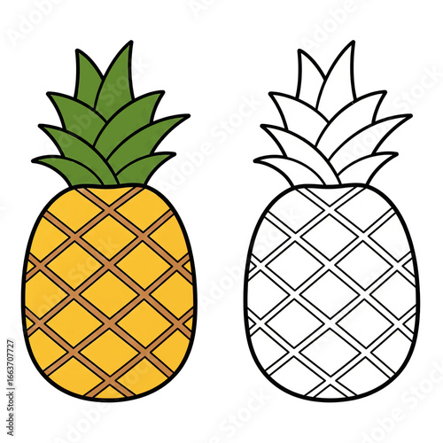 Pineapple fruit illustration vector isolated transparent PNG, juicy tropical pineapple clipart, exotic fruit cartoon drawing with leaves, healthy organic food design, outline coloring page image
