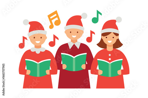 Three people in santa hats singing christmas carols from books