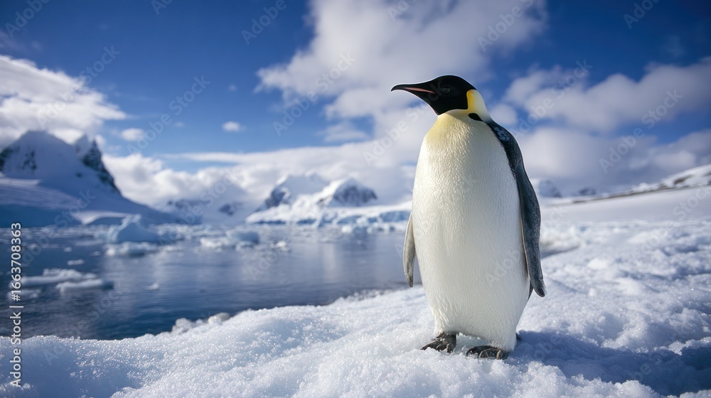 Fototapeta premium Majestic penguin standing in stark white snow, icy mountains in the backdrop against blue skies