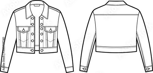 CAD drawing, flat vector illustration, denim jacket front and back, fashion sketch, cropped jacket design, buttoned pockets, technical flat, outerwear template, long sleeve apparel