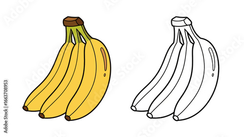 Banana bunch illustration vector isolated transparent PNG, ripe yellow fruit clipart, tropical food design, cartoon drawing, healthy snack image, outline coloring page
