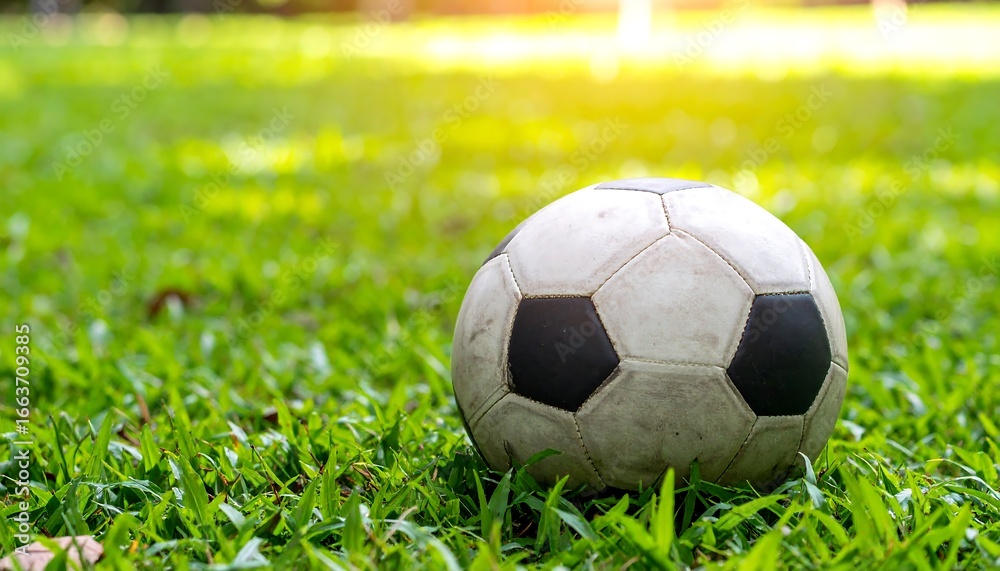 Fototapeta premium A well-worn soccer ball rests on a vibrant patch of green grass, bathed in soft sunlight.