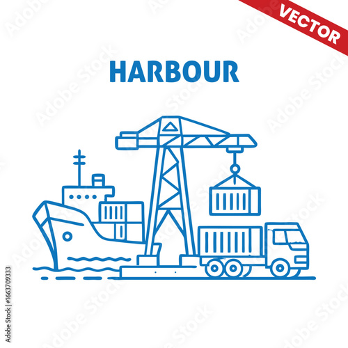 Harbour with cargo ship, crane, and lighthouse, outline graphic illustration of port and maritime transport systems