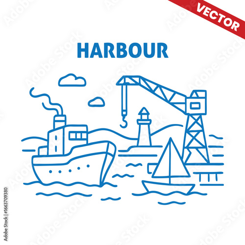 Harbour with container crane and cargo ship, outline graphic illustration of seaport logistics and transportation