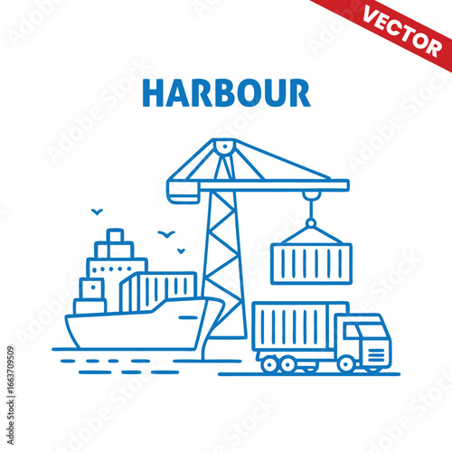 Harbour with cargo ship, crane, and dockside, outline graphic illustration of seaport and maritime transport operations