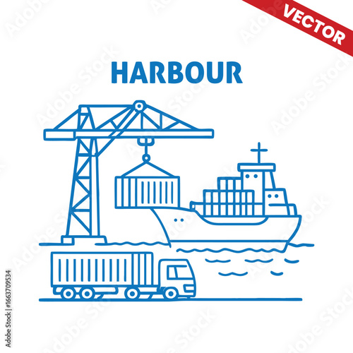 Harbour scene with container crane and cargo ship, outline graphic illustration of maritime logistics operations at seaport