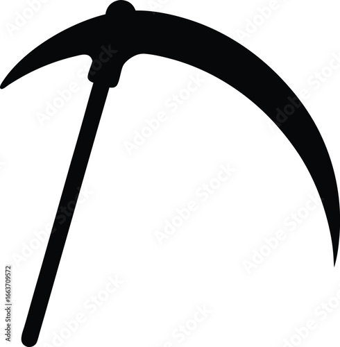 Silhouette of a Scythe Agriculture Tool with Curved Blade and a Long Handle Symbolizing Harvesting and the Grim Reaper