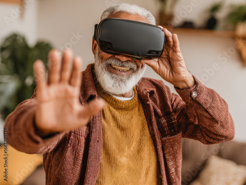An elderly man explores new virtual worlds with his VR goggles, exuding wonder in a modern living room