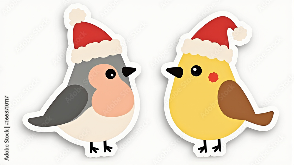 Fototapeta premium Festive bullfinch and tit wearing Santa hats in minimalist design, colorful sticker illustration for holiday decor and seasonal celebrations.
