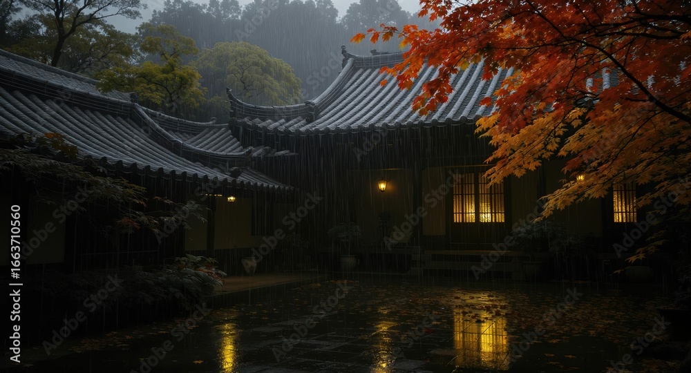 Obraz premium Traditional Asian courtyard with illuminated windows during a rainy evening surrounded by autumn foliage
