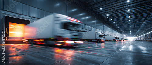 Motion blur of logistics trucks that come to the distribution center to load and distribute goods. Ai generate.