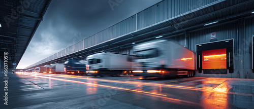 Motion blur of logistics trucks that come to the distribution center to load and distribute goods. Ai generate.
