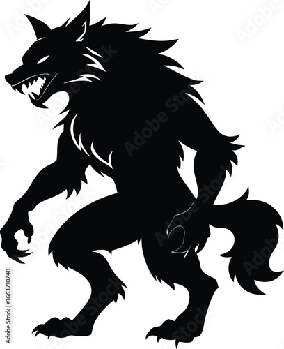 Silhouette of a Fearsome Werewolf Creature Standing on Two Legs with Sharp Teeth and Claws Depicted in Black