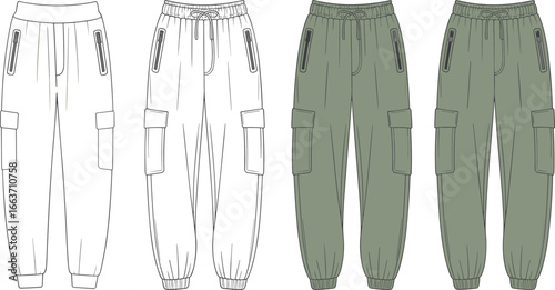 cargo jogger pants front and back view cad template, vector fashion flat sketch, technical garment illustration, casual streetwear design, pocket zipper detail
