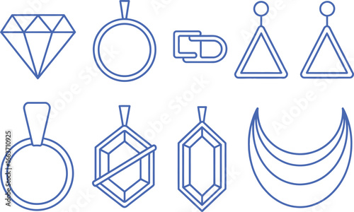 Geometric Jewelry Icons with Diamond, Rings, Triangles and Crescent in Blue Outline