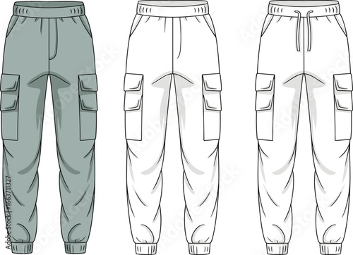 Cargo jogger pants technical flat sketch, front view fashion template, casual unisex utility trousers with flap pockets, cad drawing, vector apparel design illustration