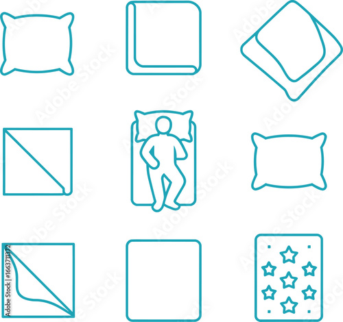 Hygiene Icons, Outline Style Featuring Bed, Pillow, Cover, and Sleeping Poses on White