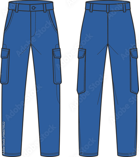Cargo pants cad drawing flat vector, front and back view, technical fashion sketch, utility pocket design, belt loops, casual streetwear detailed illustration