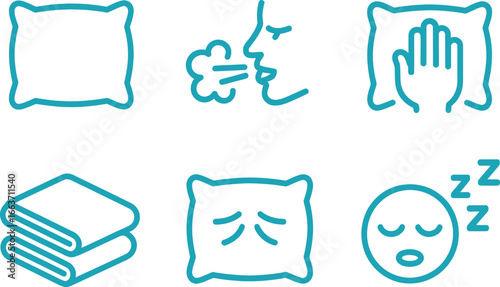 Icon Set Featuring Pillow, Breath, Hand, Towel, Sadness, and Sleep Signs in Aqua