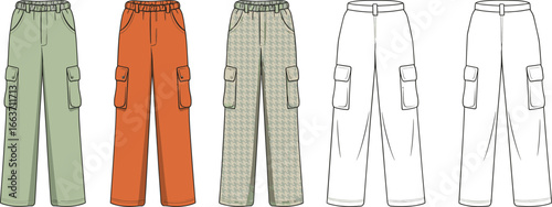 cargo pants fashion flat, technical flat vector illustration, women's trousers front back, casual design template, editable pants CAD, color and outline variations included