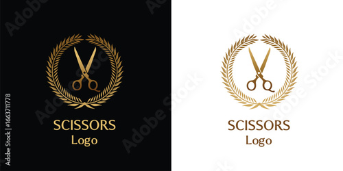 An elegant logo featuring beautiful golden scissors surrounded by laurel leaves, ideal for barbershops