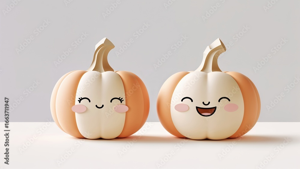 Fototapeta premium Two cute pumpkins with smiling faces and blush cheeks on a light background, perfect for autumn or Halloween themes
