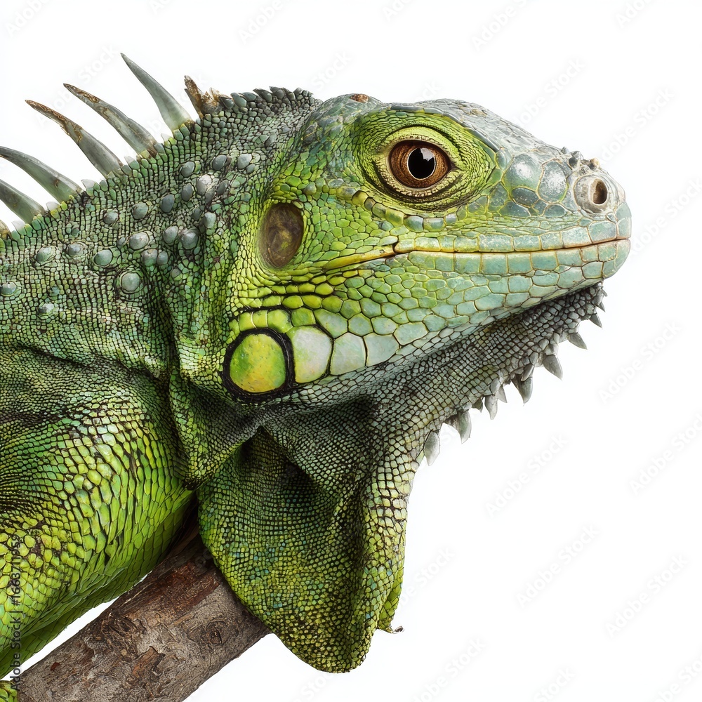 Fototapeta premium A close-up of a vibrant green iguana perched on a branch, showcasing its detailed skin and captivating eyes