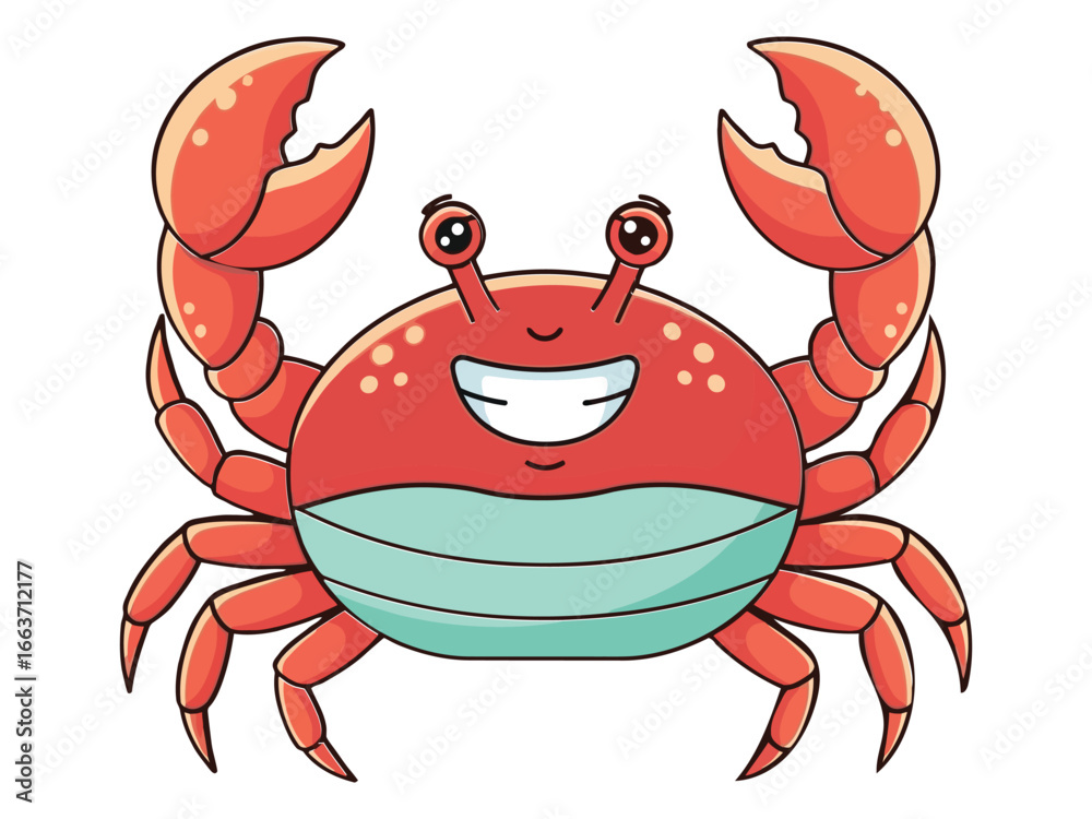 Fototapeta premium Vector illustration of cute cartoon crab with big claws and smiling face 