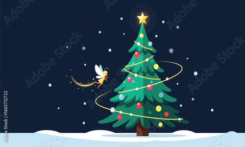 Cute fairy decorating a winter christmas tree with sparkling lights and snow