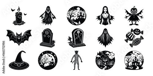 Halloween Vector Illustration Set with Spooky Elements in Black and White