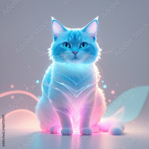 Fluffy white cat with glowing neon blue and pink accents in a futuristic abstract setting