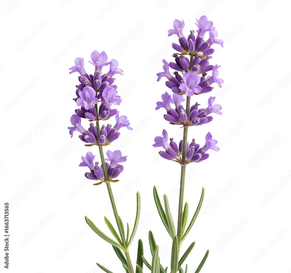 Obraz premium Two Stems of Lavender on a Black Background with Delicate Purple Flowers and Green Leaves isolated on a transparent background.