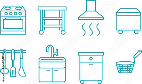 Kitchenware Outline Icons Set Oven, Cart, Fume Hood, Sink, Utensils in Teal on White