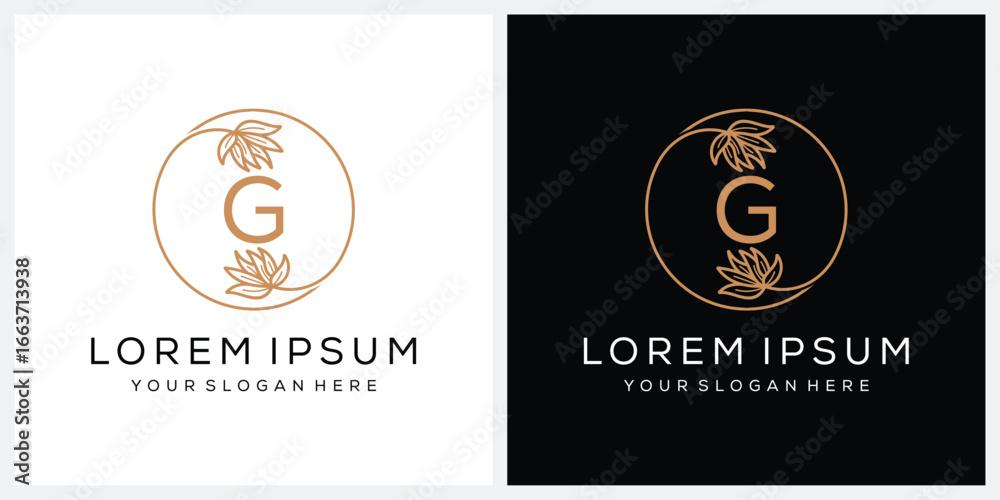 Fototapeta premium initial, letter, G, san serif, font, fashion, cosmetics, beauty, leaf, leaves, circle, round, gold, golden, logo, design, vector, icon, abstract, logotype, health, nature, organic, spa, fresh, creativ