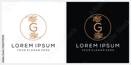 initial, letter, G, san serif, font, fashion, cosmetics, beauty, leaf, leaves, circle, round, gold, golden, logo, design, vector, icon, abstract, logotype, health, nature, organic, spa, fresh, creativ