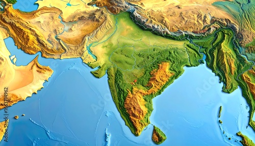 Detailed topographic map of South Asia, highlighting diverse landforms and bodies of water.