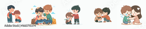 Cute Cartoon Illustration Set of Children Consoling Crying Friend Character Design