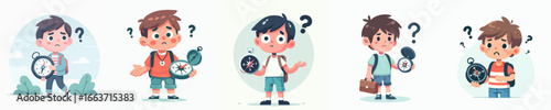 Cartoon Flat Illustration Confused School Boy with Compass and Watch Characters