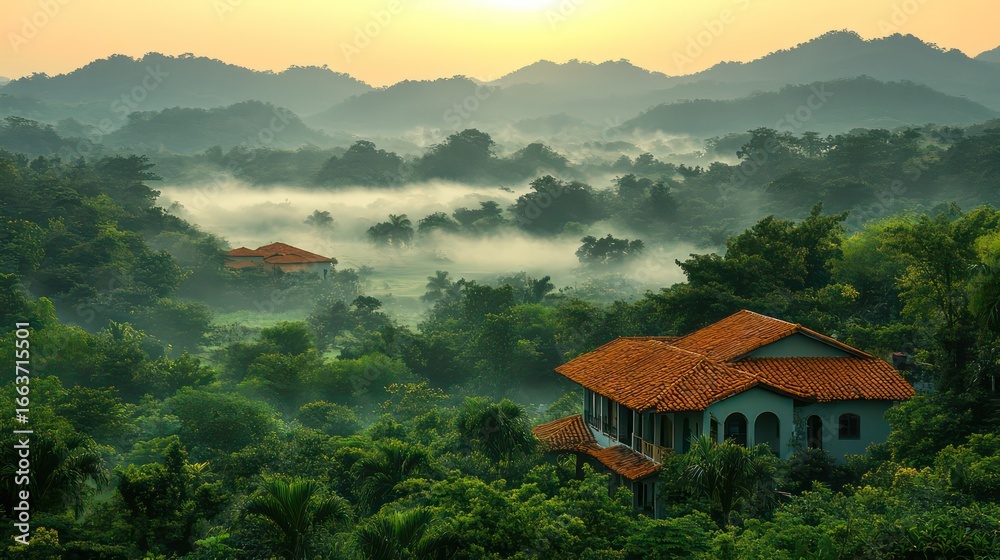 Naklejka premium Mist-covered valley with fog blanketing hills and serene atmosphere.