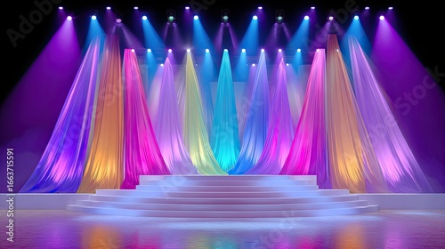 vibrant pride stage with drag performance, colorful lights 