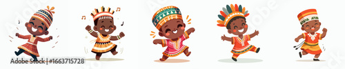 Cute Handdrawn Cartoon Dancing African Kid in Traditional Costume Illustration
