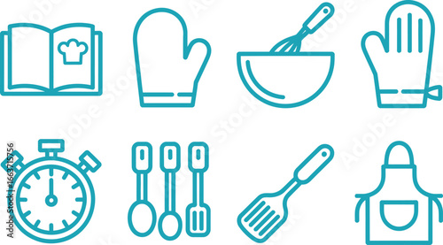 Minimalist Turquoise Cooking Icons Set Cookbook, Glove, Bowl, Timer, Utensils, Apron