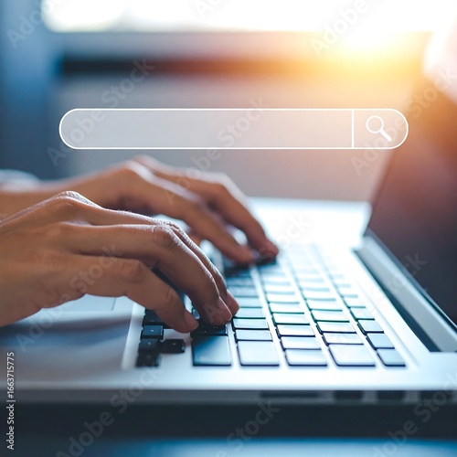 Hands typing on a laptop with a search bar overlay