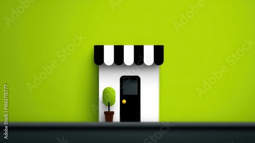 A small white and black store front with a green background