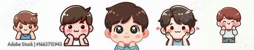 Charming Cartoon Boy with Hands on Cheeks, Expressions Set Illustration