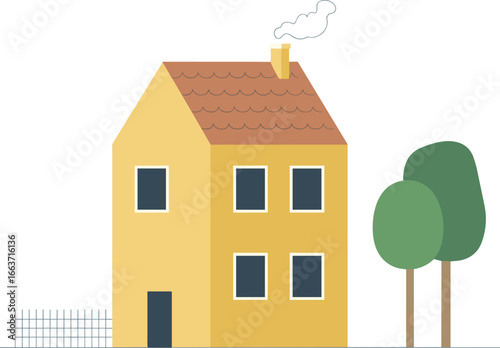 Cartoon yellow house with chimney smoke, suburban home illustration, residential building, cozy family housing, real estate, trees, property concept